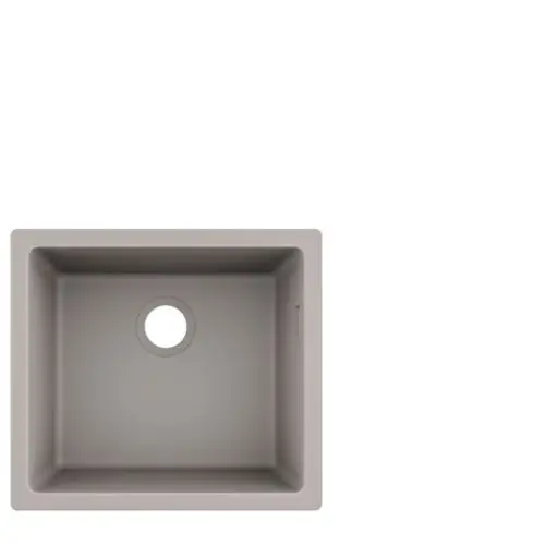 Graue Unterbauspüle von Hansgrohe, rechteckige Form mit rundem Abflussloch in der Mitte, ohne weitere sichtbare Elemente.